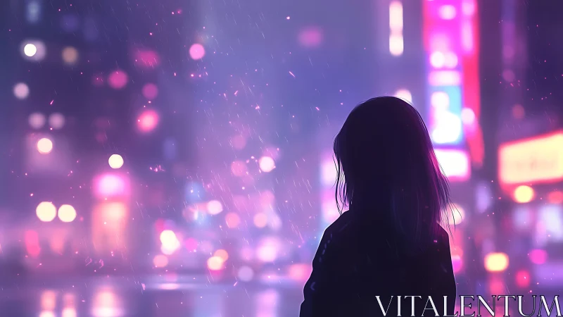 Silhouetted figure in neon rain over blurred city bokeh.