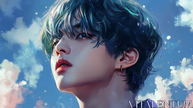 Dreamy blue-haired youth gazes upward in luminous sky portrait.