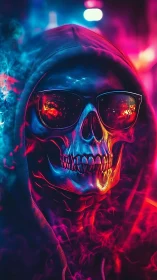 Neon hooded skull in reflective shades amid vapor haze.