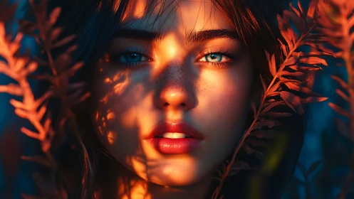 Freckled blue-eyed woman framed by orange fern light.