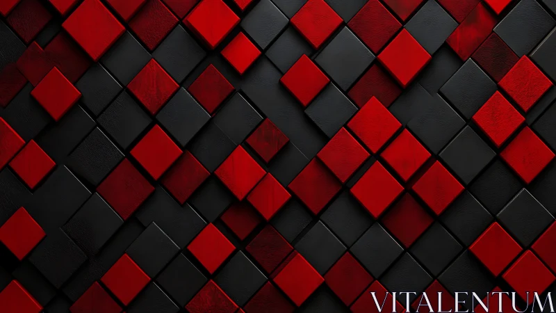 Geometric red and black cubes form a bold abstract grid