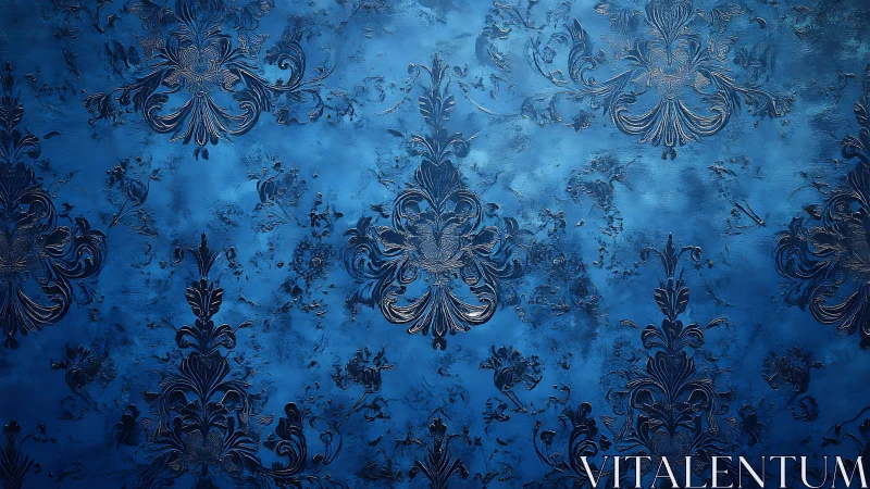 Blue damask pattern with embossed ornamental flourishes.