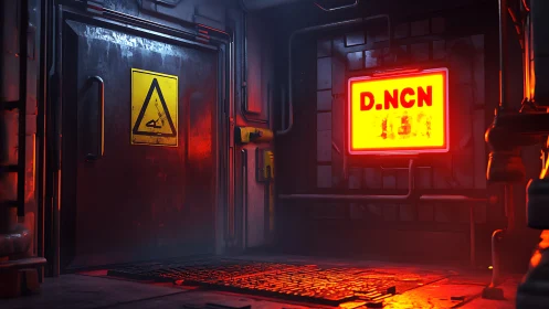 Industrial metal door with warning sign in red hallway.