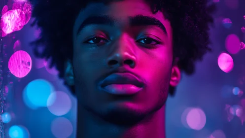 Neon quiet storm portrait in electric magenta and blue haze.