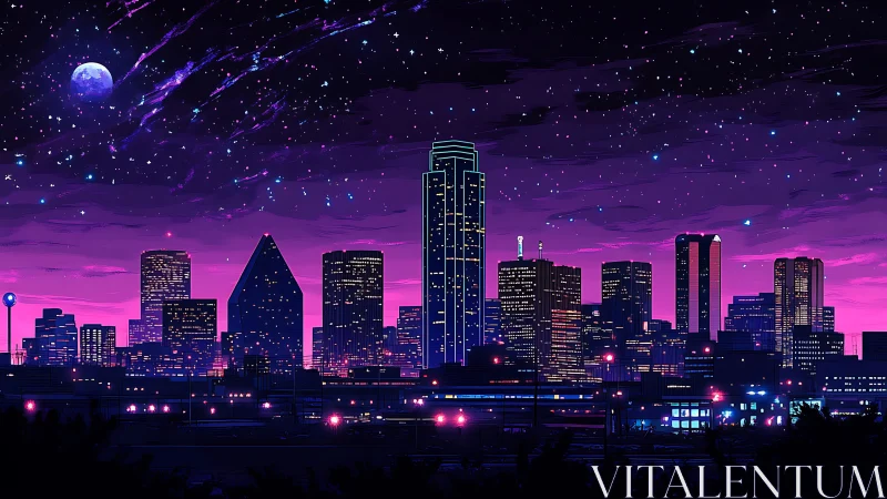 Neon city skyline glows softly beneath a starry violet sky