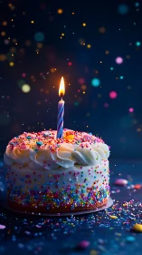 Illuminated Birthday Cake with Spiraled Candle and Bokeh Lighting.
