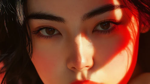 Soft sunlight kisses a serene face in vivid warm color