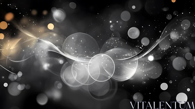 Abstract glowing bubbles and light waves on dark background.