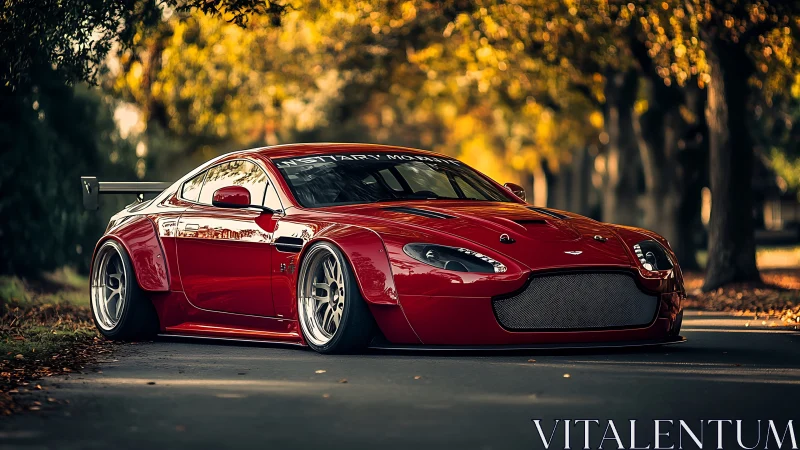 Widebody red Aston Martin on coilovers under autumn tree canopy