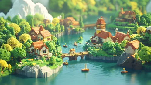 Isometric voxel-rendered European village with water channels and architectural complexity