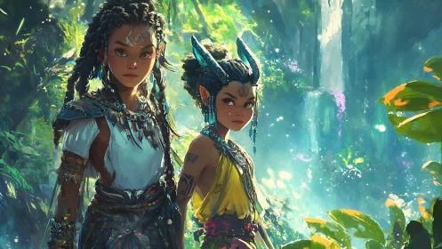 Jungle guardians stand watch before a radiant waterfall.