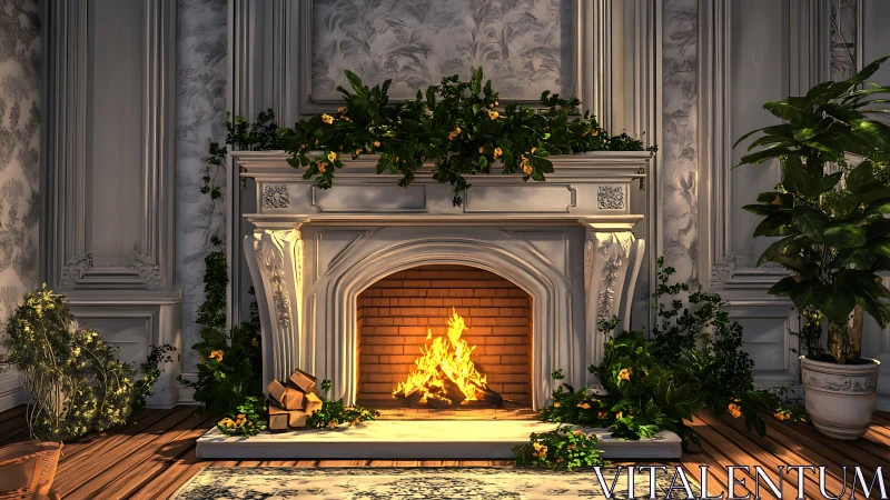 Ornamental Fireplace with Active Flames Surrounded by Holiday Botanicals.