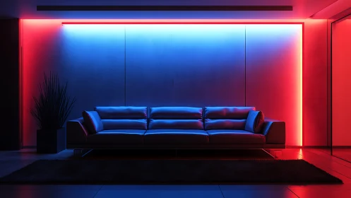 Bicolor LED wash on leather sofa in minimalistic lounge setpiece.