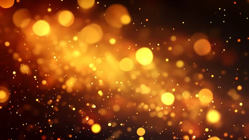 Glowing golden bokeh lights on dark background, festive abstract style.
