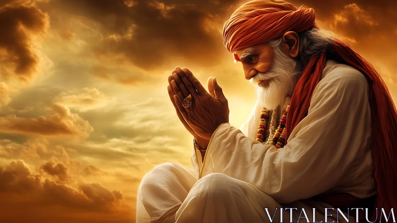 Elderly sage in prayer against glowing sunset sky.