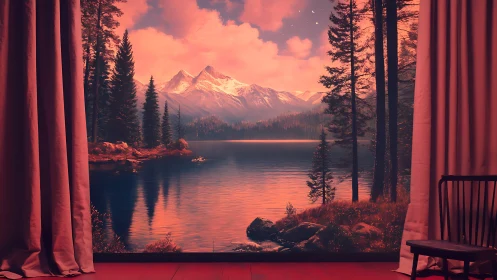 Digital painting landscape framed as theatrical window.