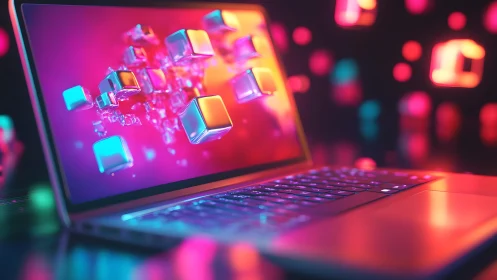 Futuristic laptop with floating 3D cubes and vibrant neon lights.