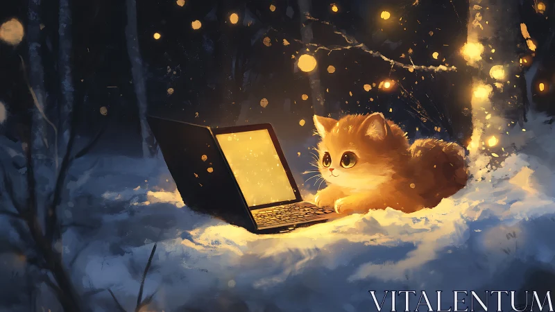 Small orange cat observes illuminated laptop in snowy forest