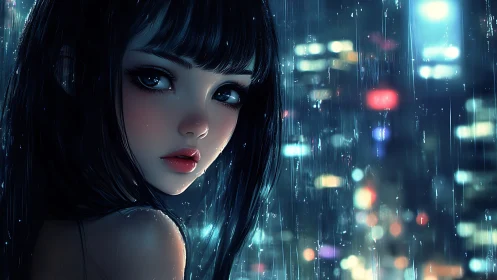 Neon rainfall pauses as a quiet gaze rewrites the skyline