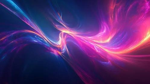 Neon cosmic energy streams curve across deep indigo void