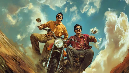 Two men ride motorcycles on dusty terrain under clouded sky