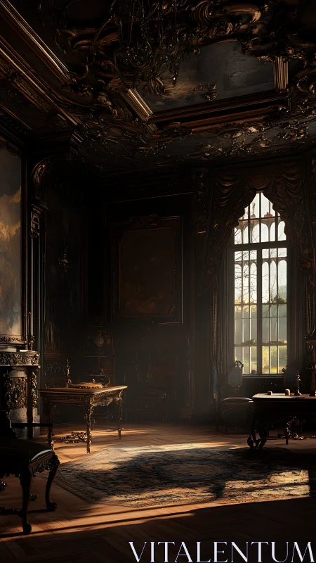 Dark baroque drawing room with ornate furniture and light.