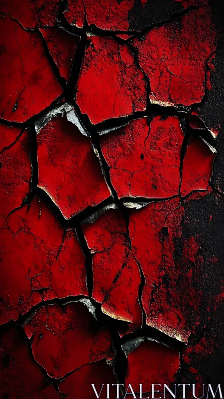 Cracked red painted surface with dark fragmented texture.