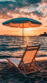 Sunset-soaked beach chair waits under a glowing pastel sky.