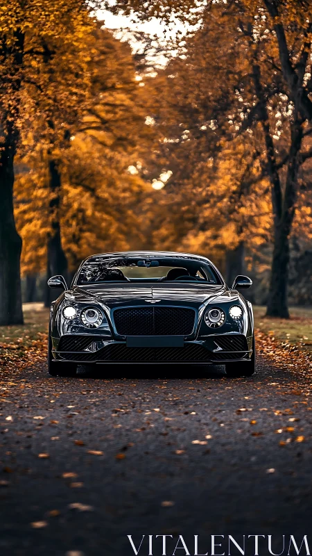 Luxury grand tourer stands poised on an autumn forest road.