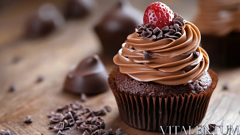 Close-up of chocolate cupcake with swirl frosting and berry