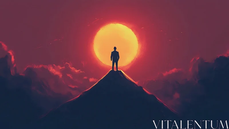 Silhouette on summit framed by vast crimson solar disc.