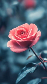 Vibrant Coral Rose Blooms Against Blue Backdrop.