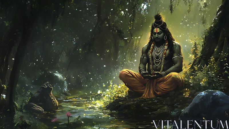 Meditating figure sits in sunlit forest beside stream
