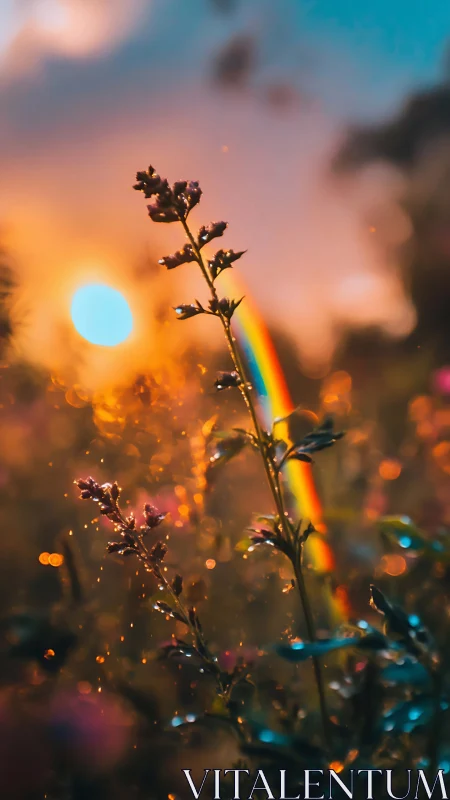 Backlit wildflower stem catches rainbow glow at sunset