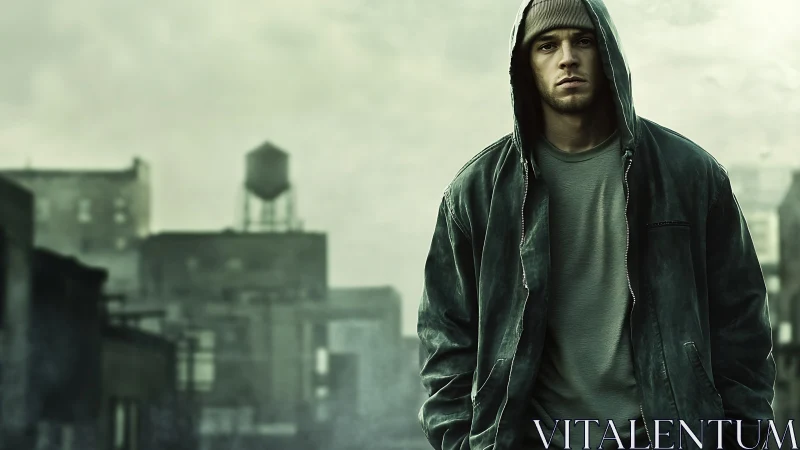 Hooded man stands in front of hazy urban rooftop skyline