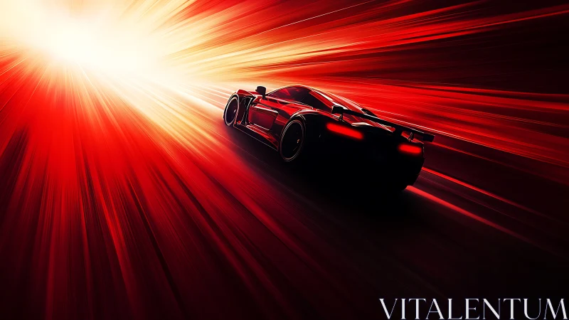 Red sports car in motion against radiant light burst field.