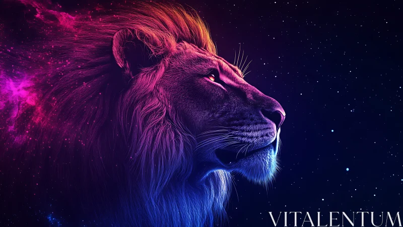 Neon cosmic lion profile in dual-tone digital painting.