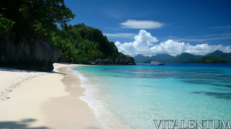 Tropical Beach Cove with Turquoise Waters and Island Mountains.