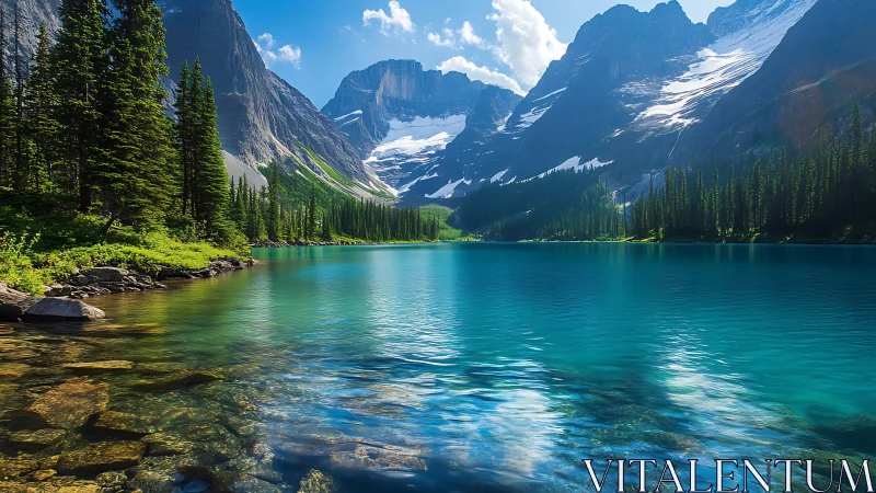 Turquoise mountain lake cradled by pines and bright glaciers.