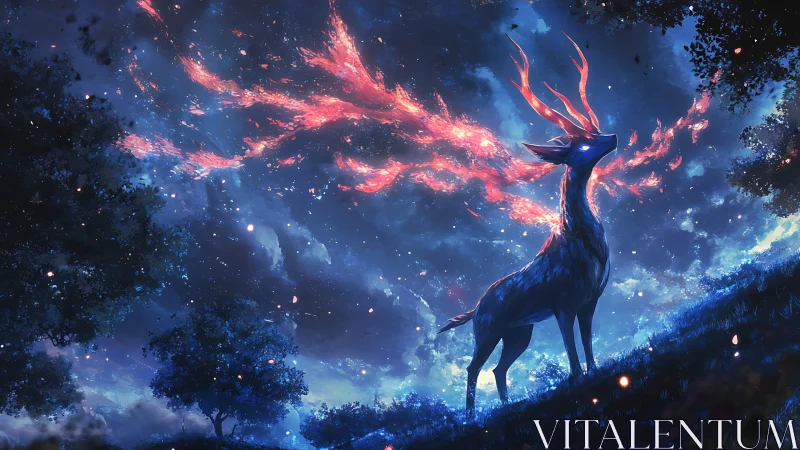 Celestial stag under blazing nebula antlers at night sky.