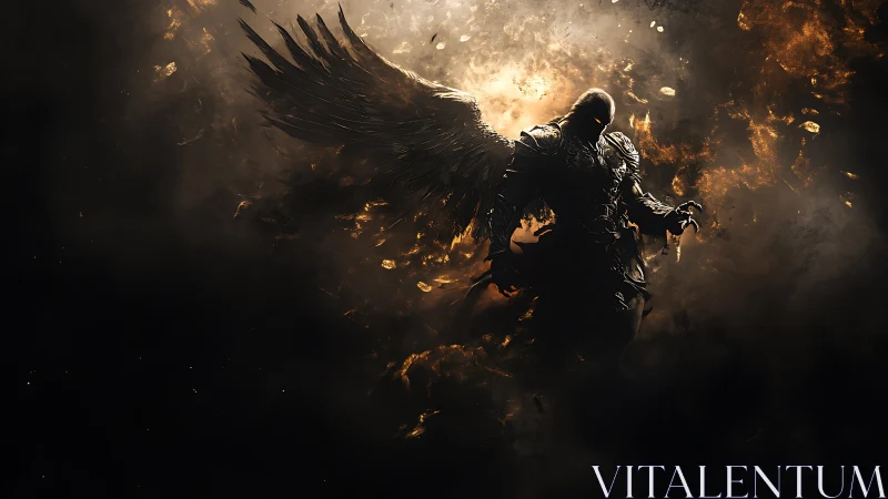 Dark winged warrior rises through burning celestial storm.