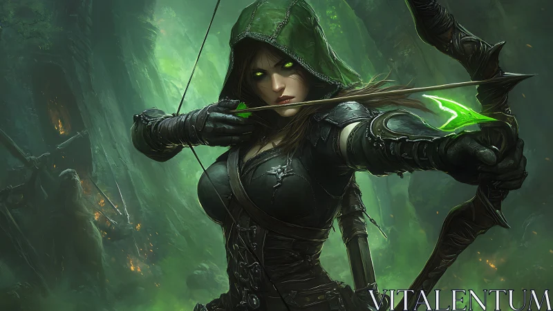 Emerald-eyed huntress drawing neon arrow in cursed forest.