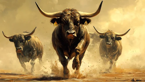 Thunderhoof stampede charging through a golden duststorm.