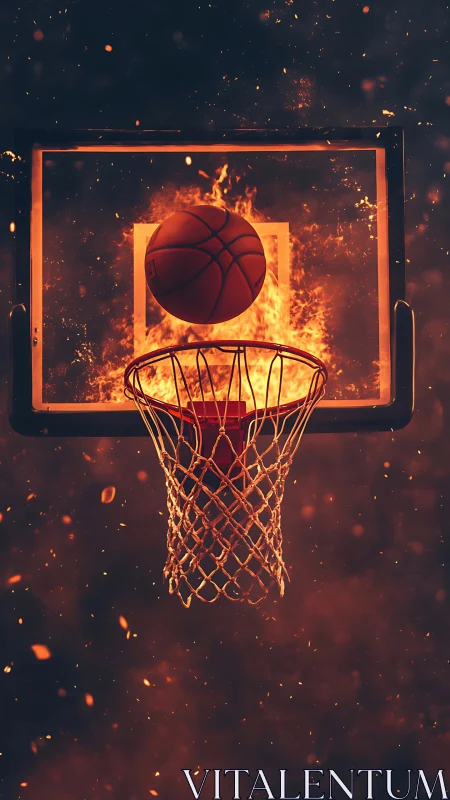 Basketball passes through hoop set against stylized flames