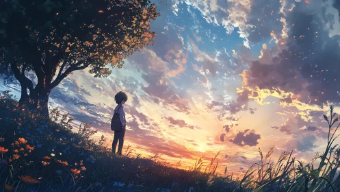 Solitary student under glowing sunset sky in stylized field.