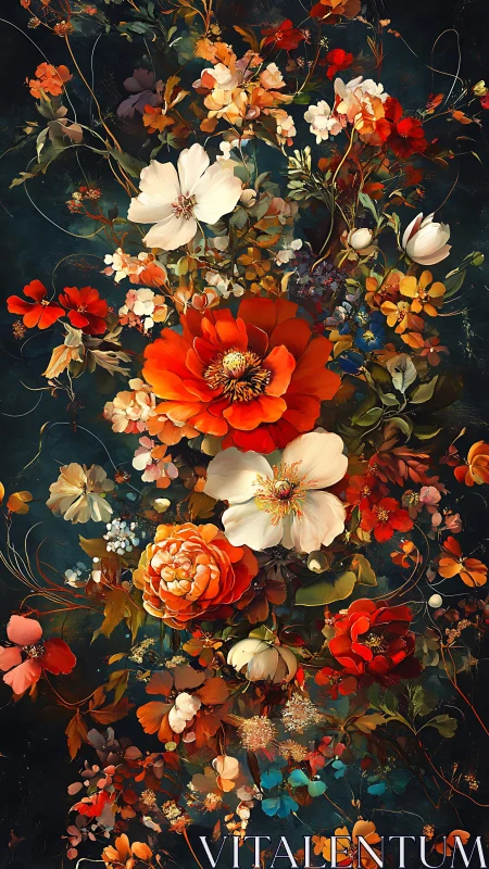 Botanical Symphony. Red and white blooms cascade dark teal backdrop.