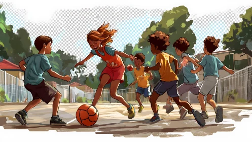 Children playing street soccer on outdoor urban court.