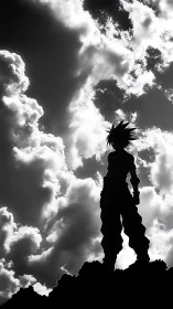 Silhouette of spiky haired figure against backlit cloud sky.