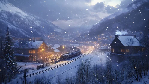 Snowy mountain town with illuminated train station at dusk