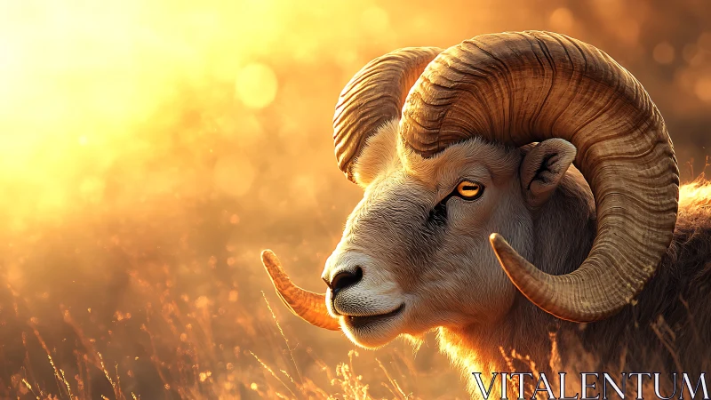 Golden-horned ram basking in a glowing sunset meadow.